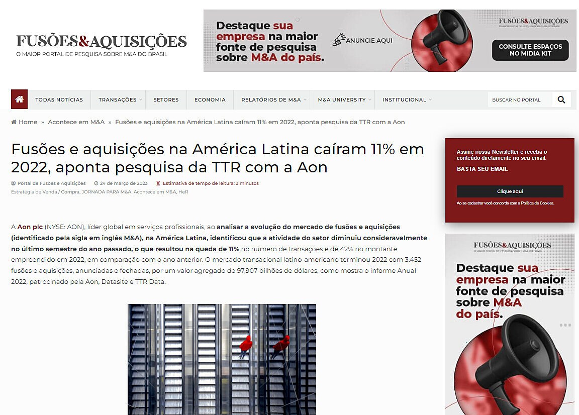 Fuses e aquisies na Amrica Latina caram 11% em 2022, aponta pesquisa da TTR com a Aon
